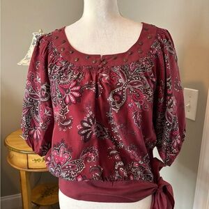 Nine West 💯 Silk Burgundy Paisley Blouse with side tie